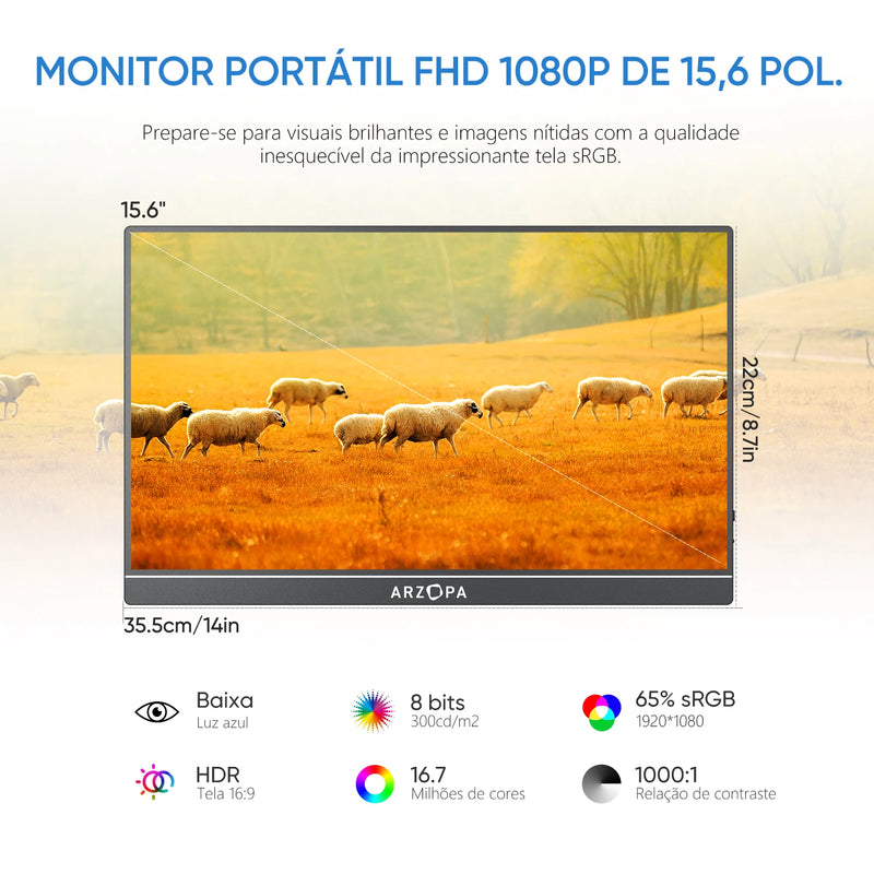 Monitor Portátil fhd 1080p de 15.6 polegadas